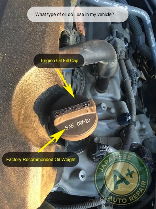 What type of oil do I use in my vehicle? Engine oil fill cap shows factory recommended oil weight - A+ Japanese Auto Repair Inc.